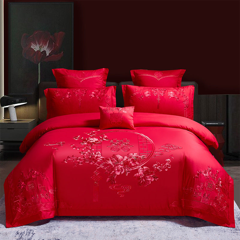 Red Wedding Four-piece Set Wholesale Cotton Wedding Embroidery Bedding Pure Cotton Marriage Bed Xi Quilt Cover Dragon And Phoenix