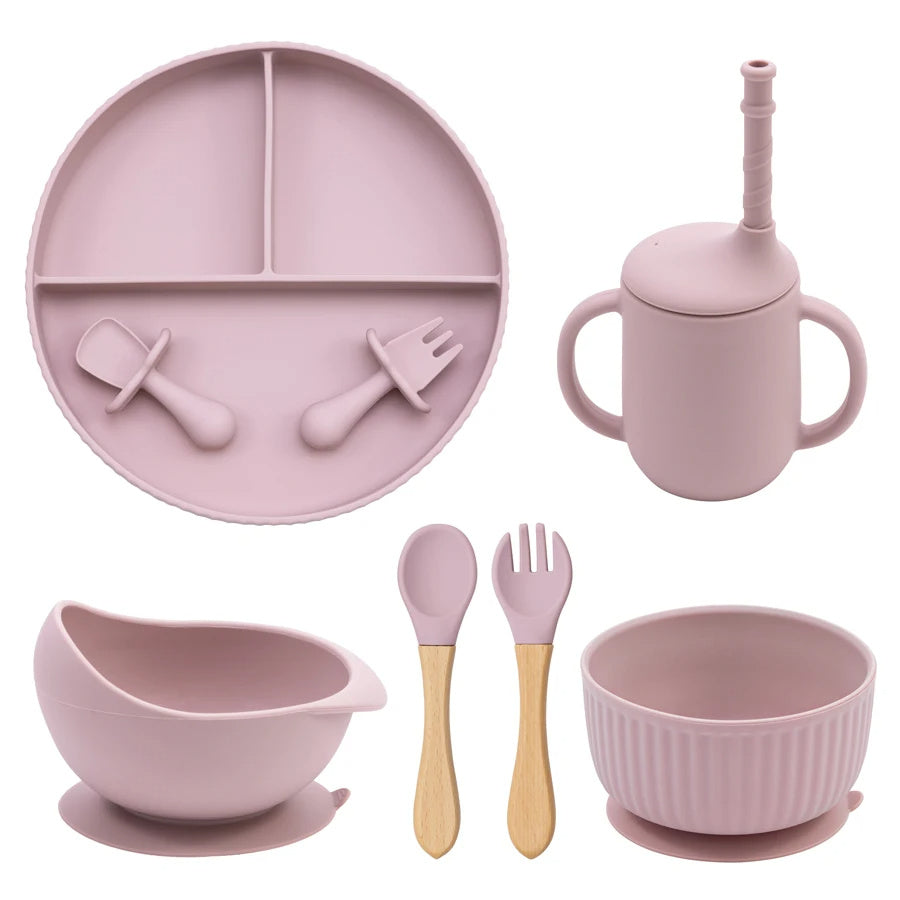 Ensemble de bols et assiettes en silicone pour bébé, ustensiles de cuisine antidérapants, ventouse, tasse à boire, fourchette, cuillère, vaisselle pour enfants, sans BPA