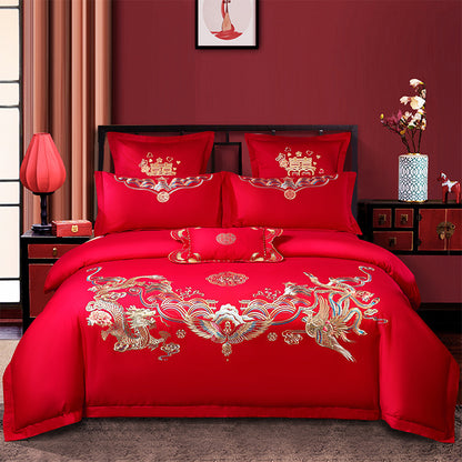 Red Wedding Four-piece Set Wholesale Cotton Wedding Embroidery Bedding Pure Cotton Marriage Bed Xi Quilt Cover Dragon And Phoenix