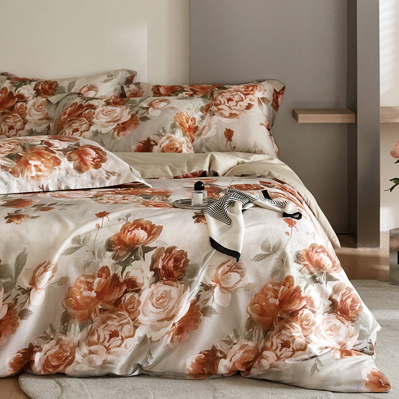 Juego de cama de cuatro piezas con estampado digital de tencel y flores