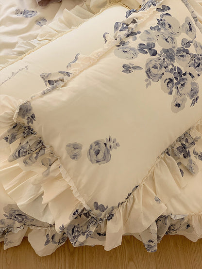 Ensemble quatre pièces en coton avec impression à l'encre française 40 pièces pour fille, housse de couette en dentelle, motif cœur, feuille de lotus, linge de lit en pur coton