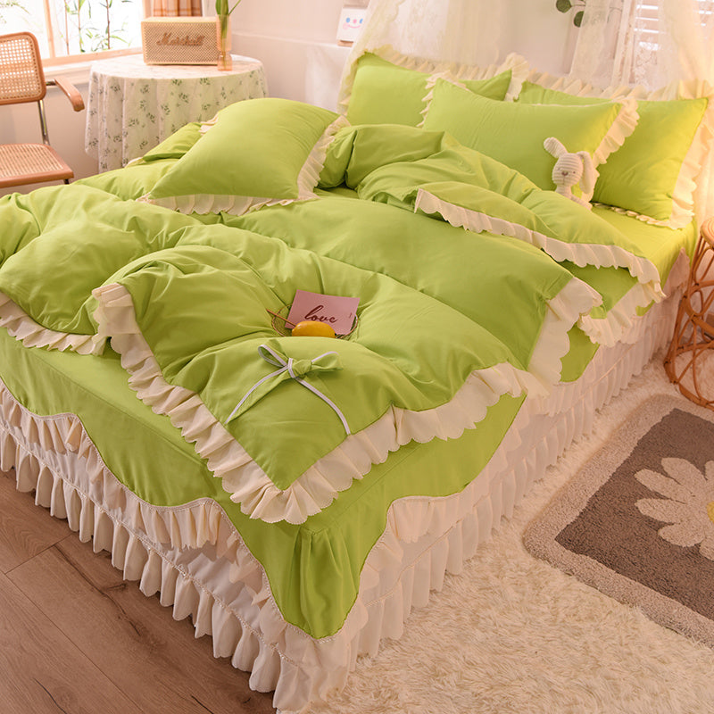 Light Luxury Nude Sleeping Princess Style Four-piece Lotus Leaf Lace Double Bed Sheet Duvet Cover With Bed Skirt Girl Solid Color Bed