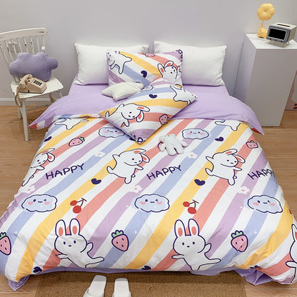 Ensemble de quatre pièces en coton pour fille, housse de couette en pur coton et lin avec motif de cœur et dessin animé