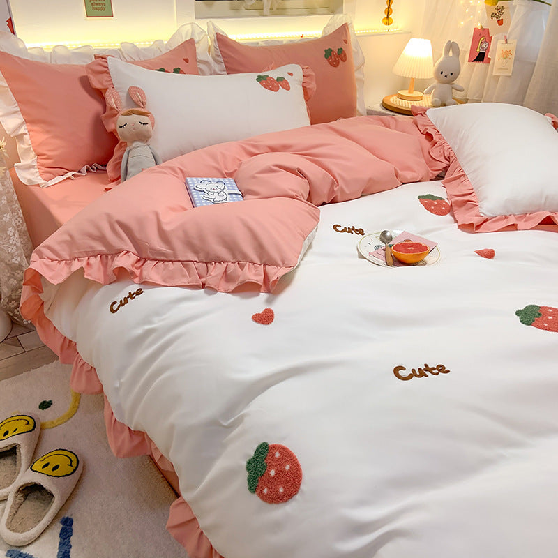 Juego de cama de cuatro piezas estilo princesa con corazones para niña