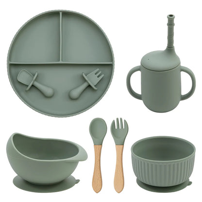 Ensemble de bols et assiettes en silicone pour bébé, ustensiles de cuisine antidérapants, ventouse, tasse à boire, fourchette, cuillère, vaisselle pour enfants, sans BPA