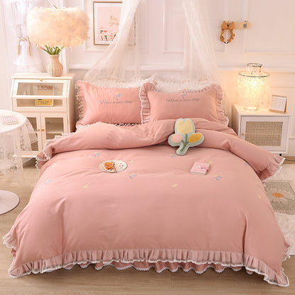 Summer Ruffled Cotton Four-piece Set Girl Heart Embroidery Flower Quilt Cover