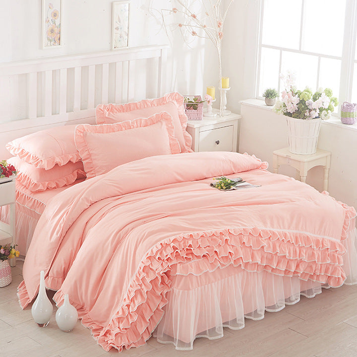 Falda de cama de encaje estilo princesa, estilo colcha, cuatro piezas, color sólido, encaje