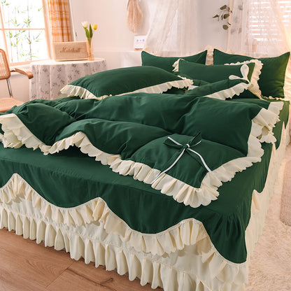 Housse de couette et jupe de lit en dentelle de feuille de lotus, style princesse endormie, quatre pièces, légère et luxueuse, couleur unie, pour fille