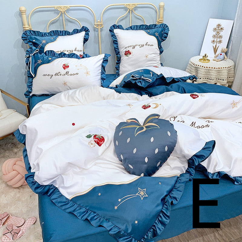 Strawberry Embroidery Cotton Four-Piece Cotton Bedding Silk Duvet Cover