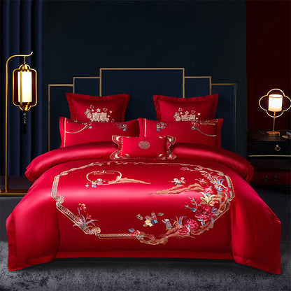 Red Wedding Four-piece Set Wholesale Cotton Wedding Embroidery Bedding Pure Cotton Marriage Bed Xi Quilt Cover Dragon And Phoenix