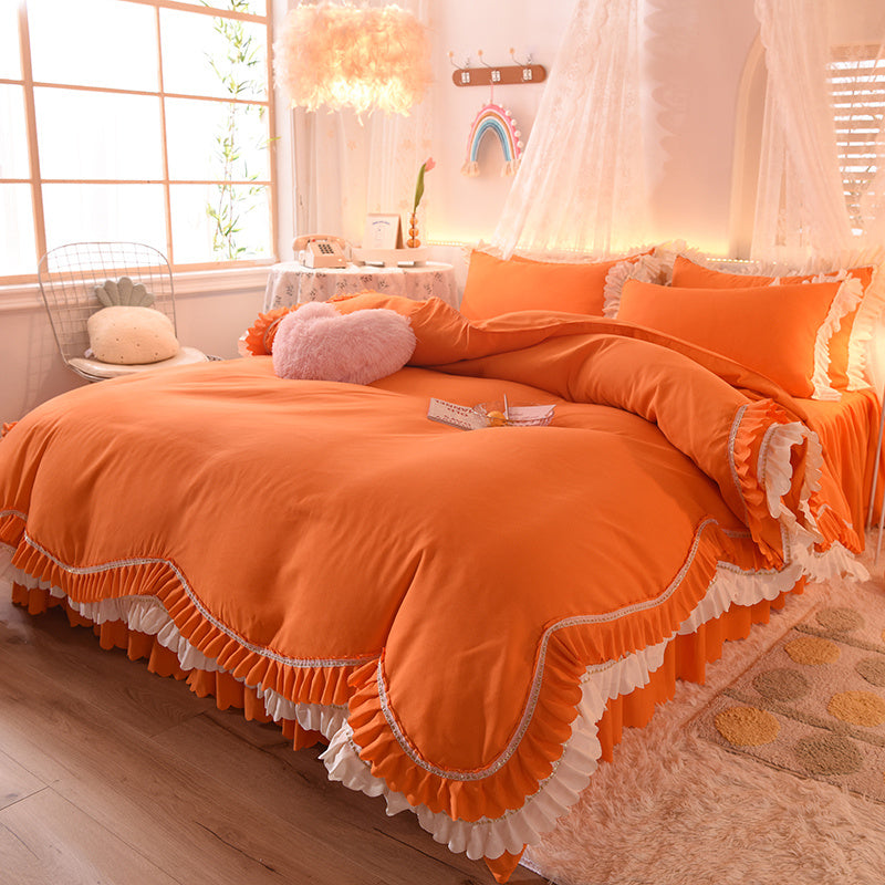 Light Luxury Nude Sleeping Princess Style Four-piece Lotus Leaf Lace Double Bed Sheet Duvet Cover With Bed Skirt Girl Solid Color Bed