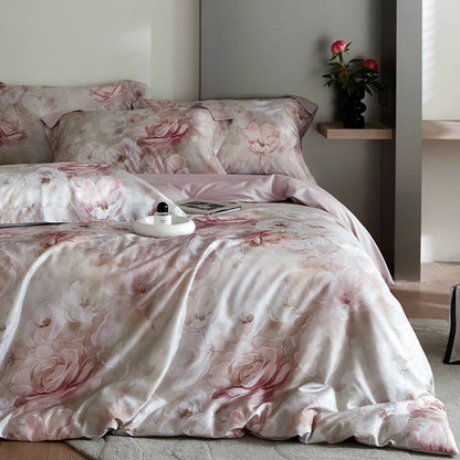 Juego de cama de cuatro piezas con estampado digital de tencel y flores