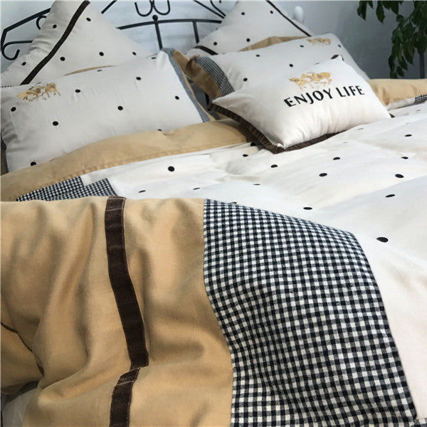 Pure Cotton Warm Velvet Brushed Simple Stitching Embroidery Plaid Thick Warm Bedding