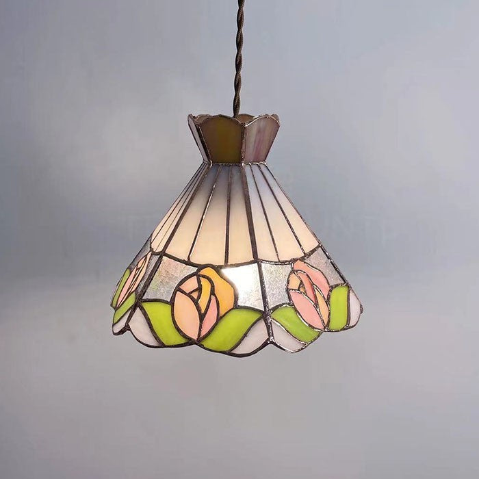 Tea Chestnut French Retro Rose Stained Glass Chandelier