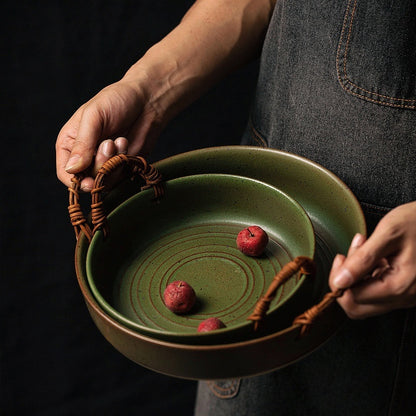 Assiette à fruits et légumes en céramique créative de style japonais rétro avec poignée en rotin