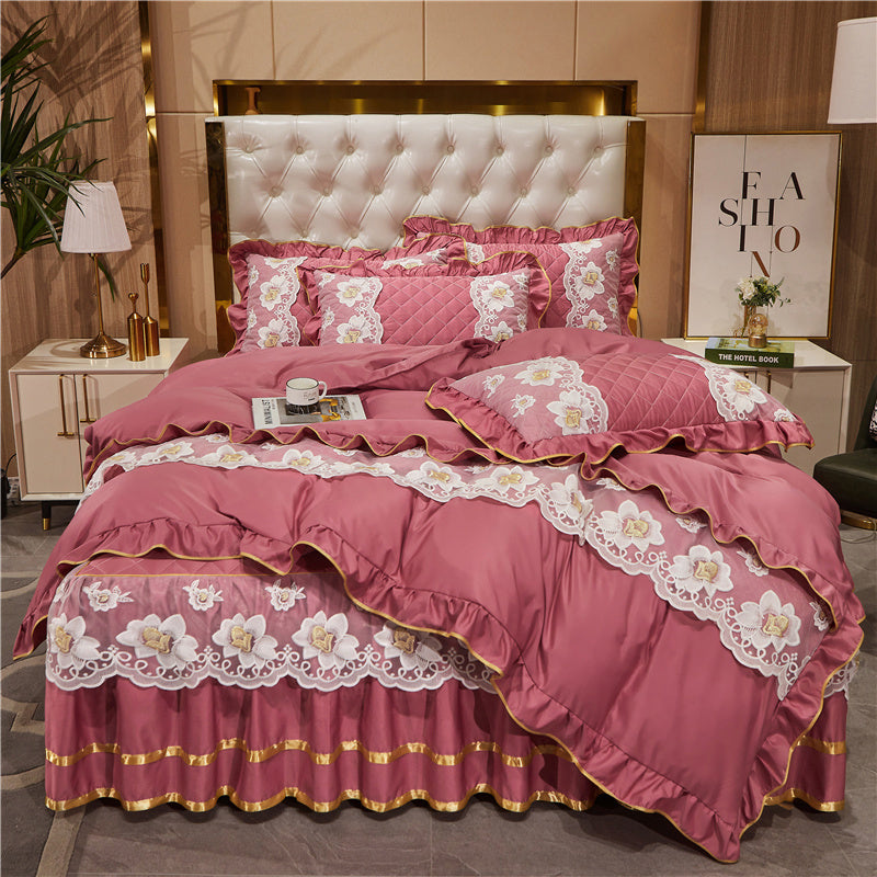 Princess Style Lace Bed Skirt Tencel Four-piece Suit