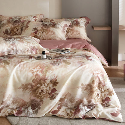 Juego de cama de cuatro piezas con estampado digital de tencel y flores