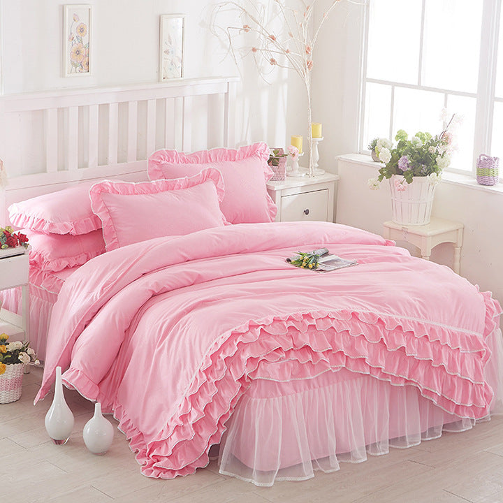 Falda de cama de encaje estilo princesa, estilo colcha, cuatro piezas, color sólido, encaje