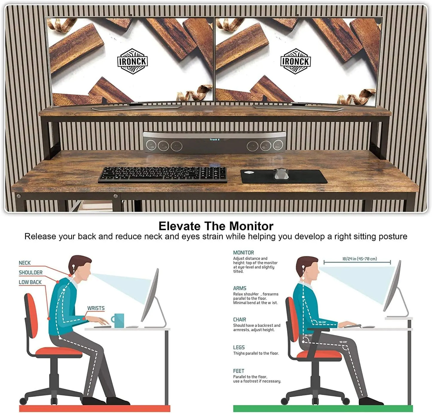 IRONCK Computer Desk 55", Home Office Desk with Keyboard Tray, Monitor Stand, Storage Shelf,Vintage Brown