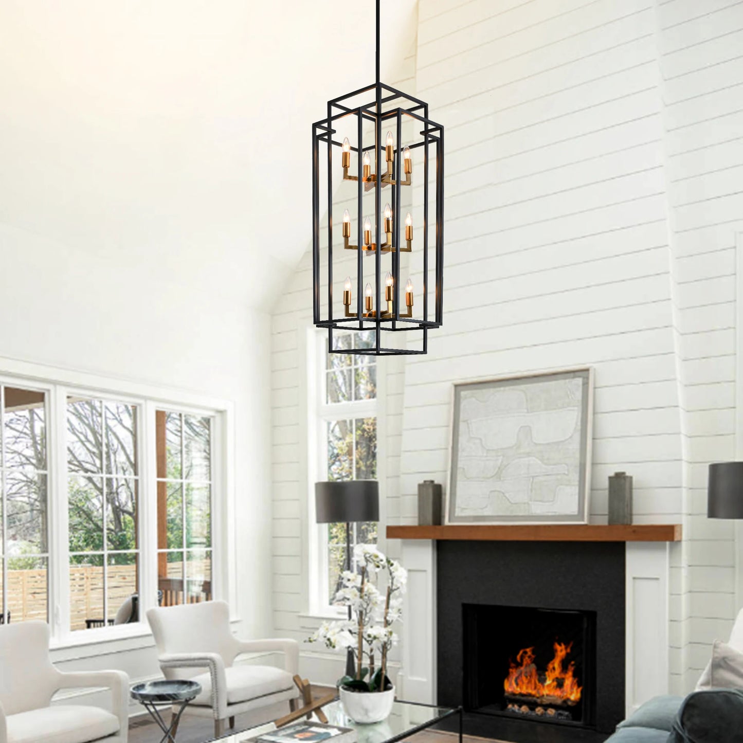 12-light Tiered Linear Chandeliers Classic American Lantern Industrial Farmhouse Pendant Light for Dining Room Kitchen Island