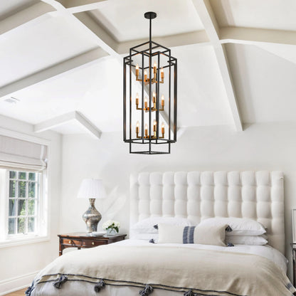 12-light Tiered Linear Chandeliers Classic American Lantern Industrial Farmhouse Pendant Light for Dining Room Kitchen Island