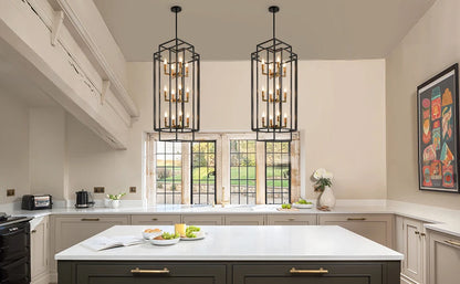 12-light Tiered Linear Chandeliers Classic American Lantern Industrial Farmhouse Pendant Light for Dining Room Kitchen Island