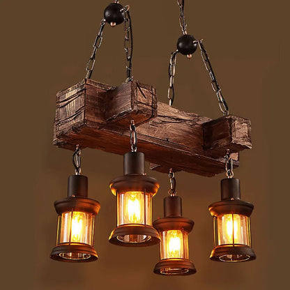 OUKANING Vintage 4 Lights Ceiling Lamp Wooden Chandelier Industrial Hanging Pendant For Restaurant Bar and Home Application