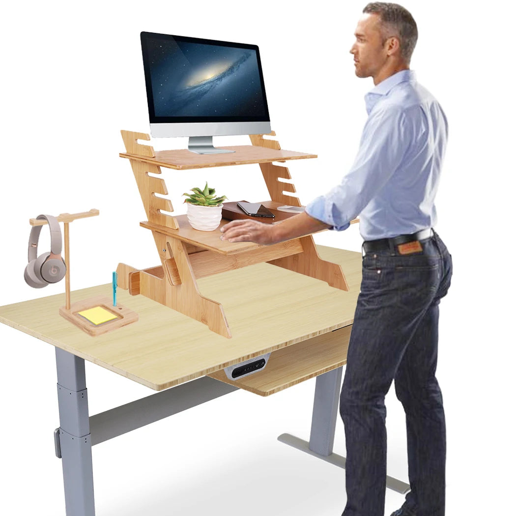 Support de moniteur de bureau d'ordinateur debout en bambou, support de moniteur stable et réglable en hauteur, convertisseur de station de travail pour ordinateur portable