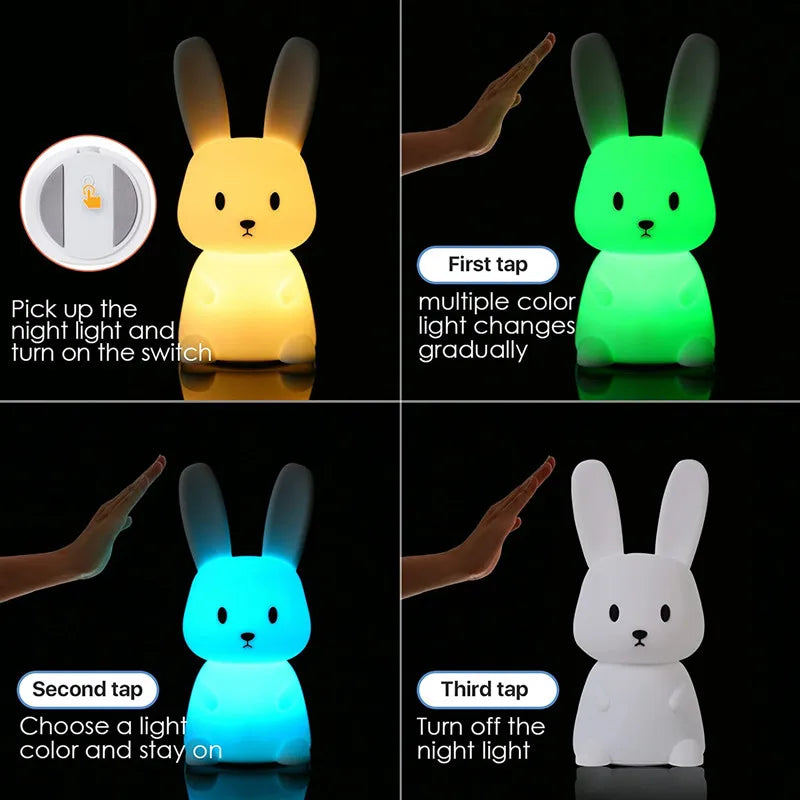 Veilleuse pour chambre d'enfant, lampe en forme de lapin mignon, cadeaux pour crèche, filles, garçons, tout-petits, décoration de chambre Kawaii, veilleuse USB en silicone en forme de lapin