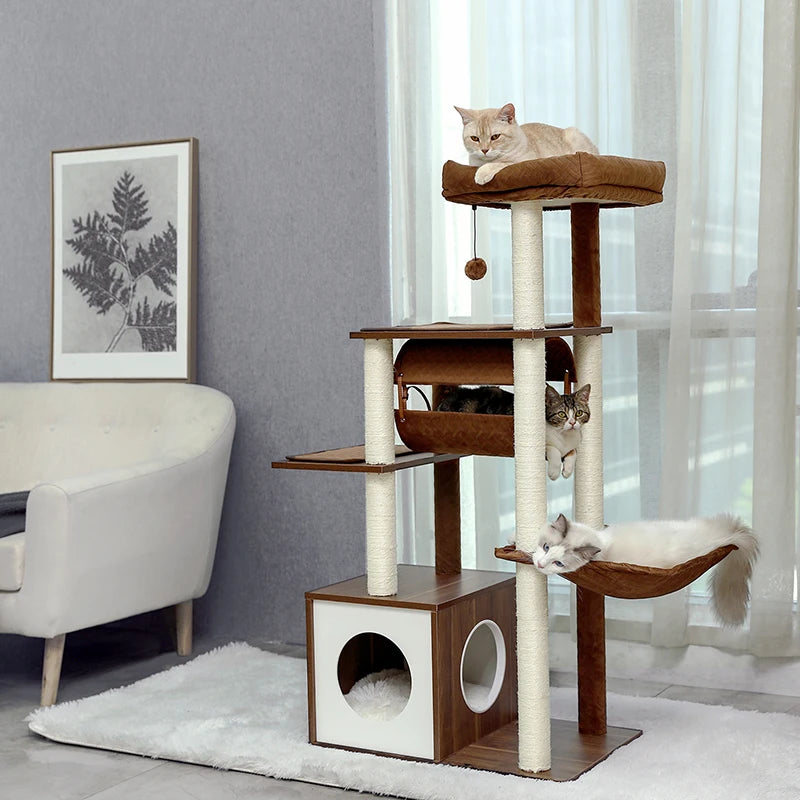 Casa de árbol para gatos de lujo, torre con gabinete, árbol para gatos de madera maciza, juguete para postes, condominio para gatos de varios niveles, rascador gato, árbol para chatear