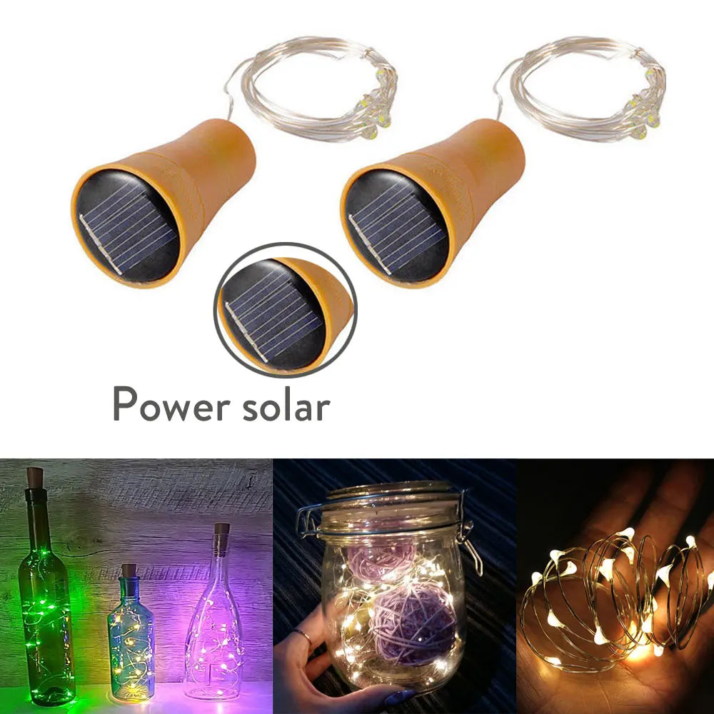 Guirlande lumineuse solaire pour bouteille de vin 10 LED 15 LED 20 LED en forme de bouchon de liège, lumière de Noël, fil de cuivre, lampe de décoration de chambre à coucher