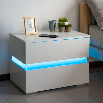 Modern Luxury LED Light Nightstand w/2 Drawers Organizer Storage Cabinet Bedside Table Bedroom Furniture for Night 20 Colors