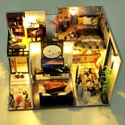 Maison de poupée miniature à monter soi-même, style loft chinois, mouvement musical, avec LED, meubles, modèle de loft chinois assemblé à la main, jouets créatifs