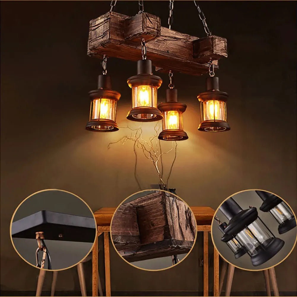 OUKANING Vintage 4 Lights Ceiling Lamp Wooden Chandelier Industrial Hanging Pendant For Restaurant Bar and Home Application