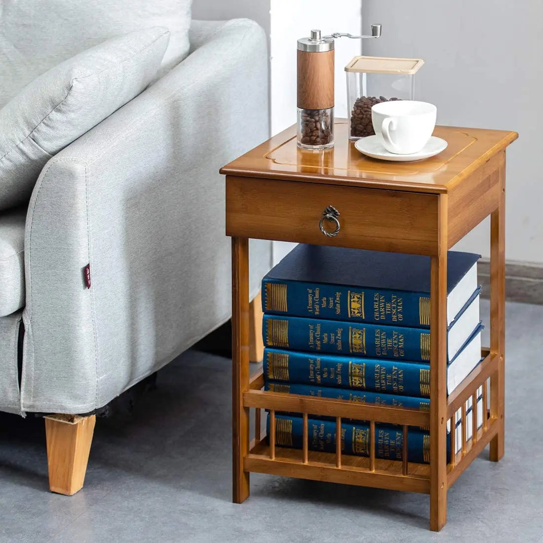 Table de chevet en bambou avec tiroir, table de nuit, étagère de rangement pour plantes