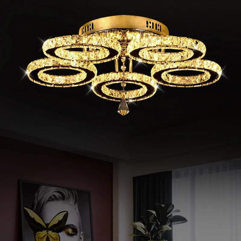 Modern K9 Led Crystal Ceiling Lamp Smart Chandelier Pendant Light Ring Chrome Plafonier Fixture Dining Living Room Decor Luxury