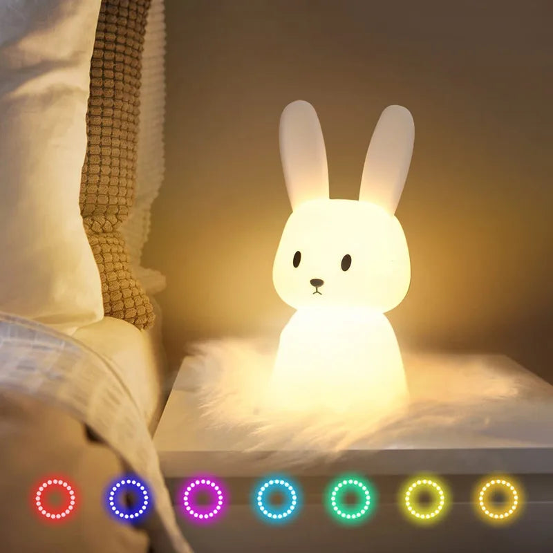 Veilleuse pour chambre d'enfant, lampe en forme de lapin mignon, cadeaux pour crèche, filles, garçons, tout-petits, décoration de chambre Kawaii, veilleuse USB en silicone en forme de lapin