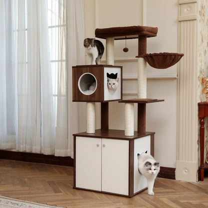 Casa de árbol para gatos de lujo, torre con gabinete, árbol para gatos de madera maciza, juguete para postes, condominio para gatos de varios niveles, rascador gato, árbol para chatear