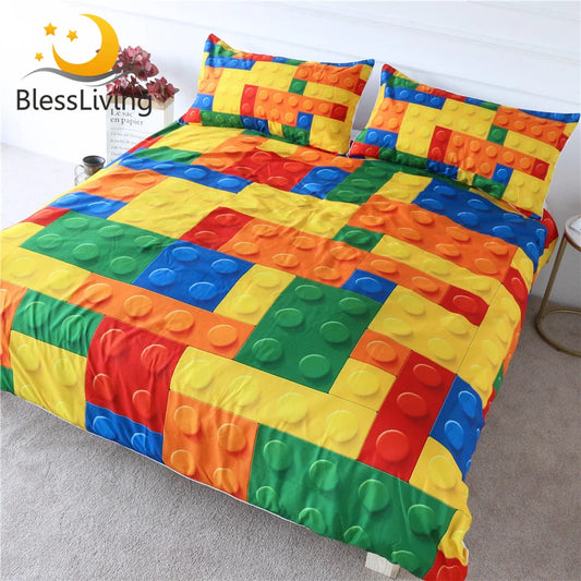 Juego de cama con estampado de juguetes BlessLiving, funda de edredón con bloques de construcción de puntos, funda de cama para niños, juego de ladrillos coloridos, ropa de cama al por mayor