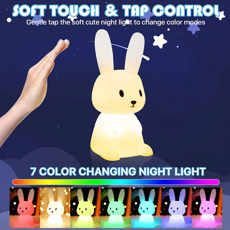 Veilleuse pour chambre d'enfant, lampe en forme de lapin mignon, cadeaux pour crèche, filles, garçons, tout-petits, décoration de chambre Kawaii, veilleuse USB en silicone en forme de lapin