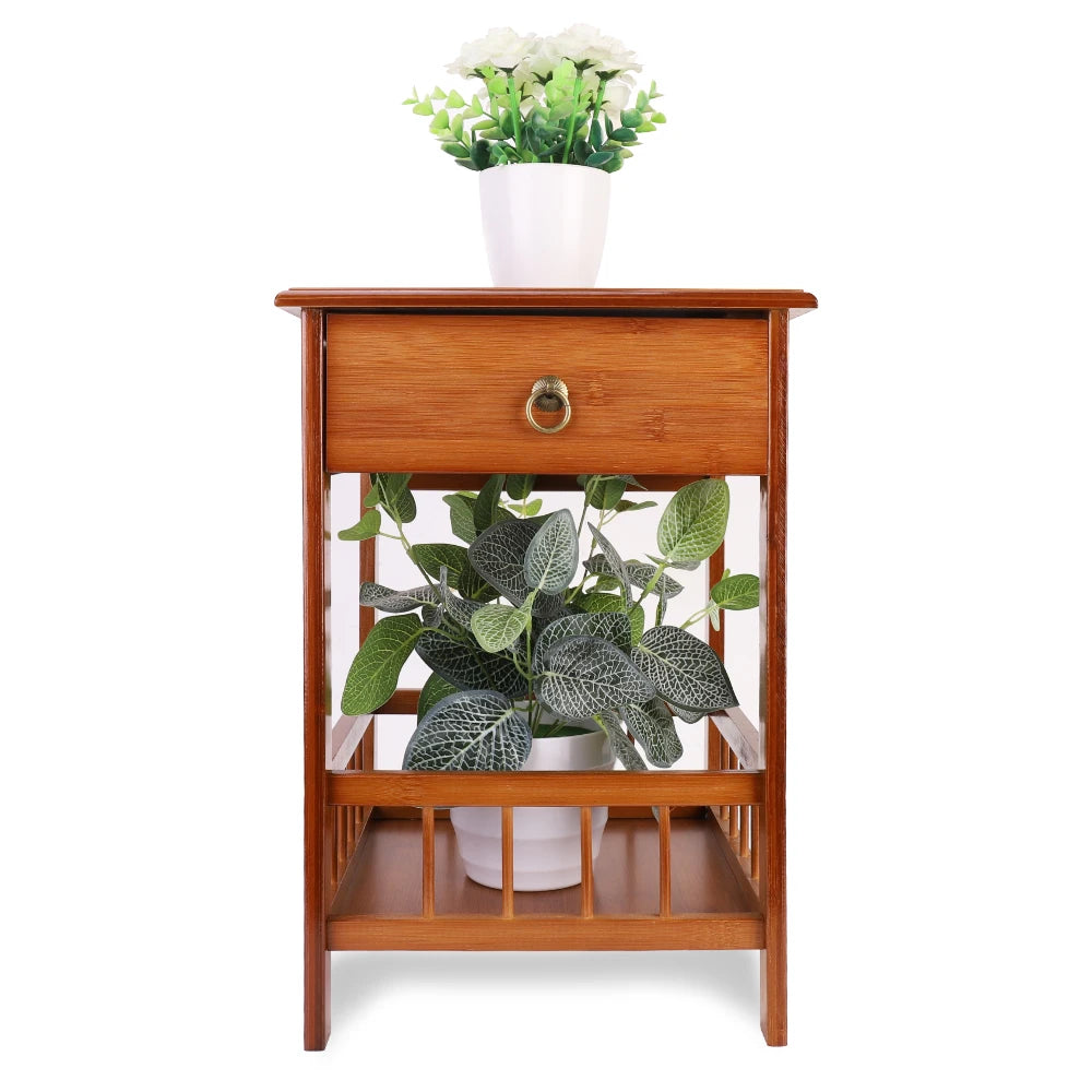 Bamboo Bedside Table with Drawer Bedroom Nightstand Plant Storage Shelving Unit