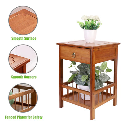 Table de chevet en bambou avec tiroir, table de nuit, étagère de rangement pour plantes