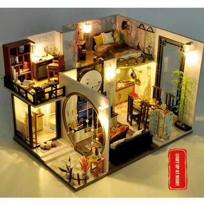 Maison de poupée miniature à monter soi-même, style loft chinois, mouvement musical, avec LED, meubles, modèle de loft chinois assemblé à la main, jouets créatifs