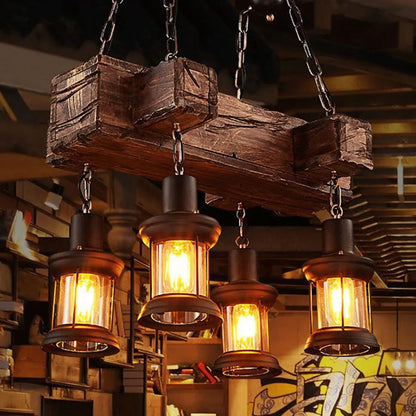 OUKANING Vintage 4 Lights Ceiling Lamp Wooden Chandelier Industrial Hanging Pendant For Restaurant Bar and Home Application