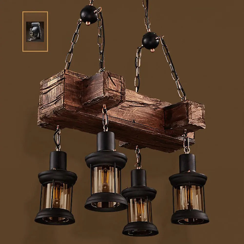 OUKANING Vintage 4 Lights Ceiling Lamp Wooden Chandelier Industrial Hanging Pendant For Restaurant Bar and Home Application