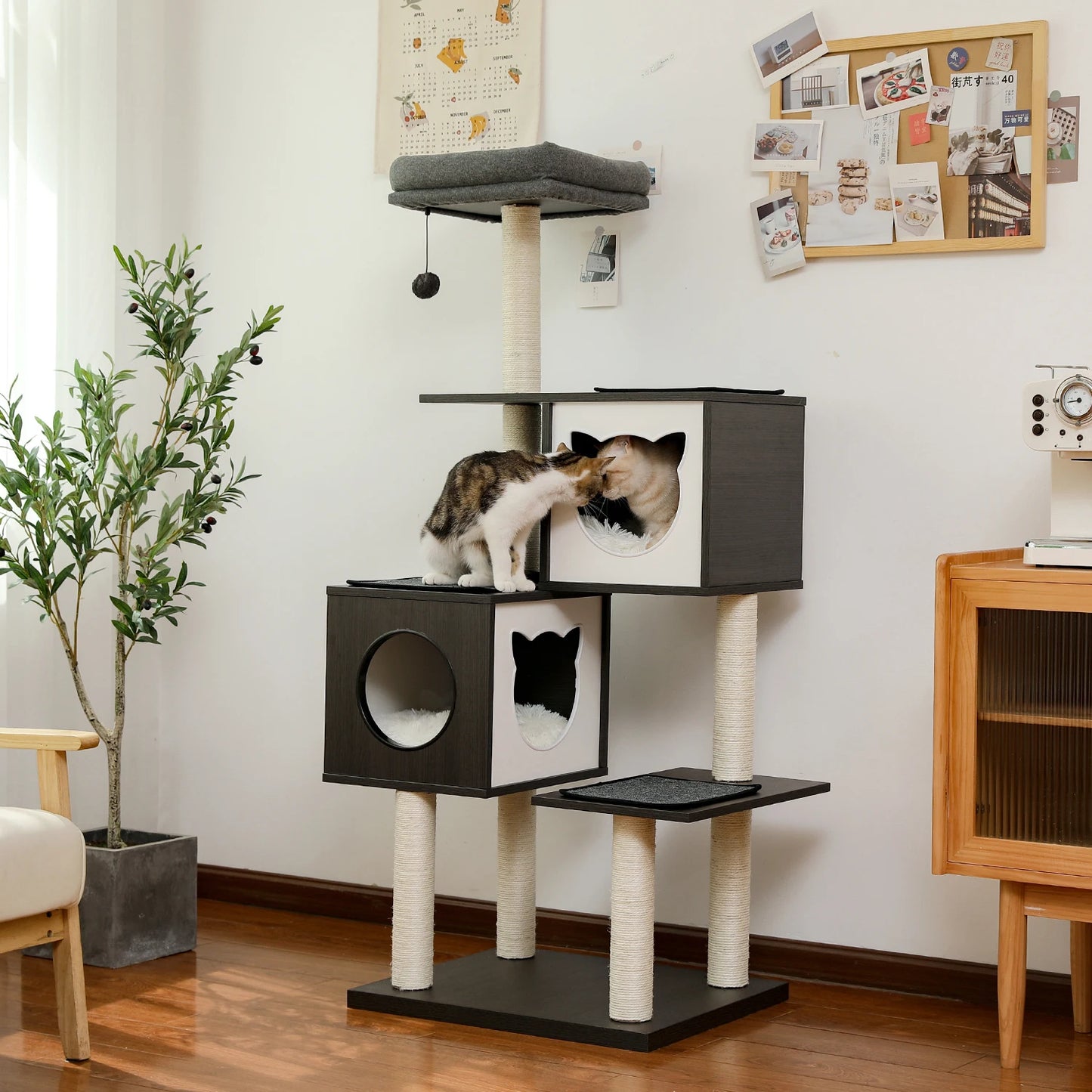 Casa de árbol para gatos de lujo, torre con gabinete, árbol para gatos de madera maciza, juguete para postes, condominio para gatos de varios niveles, rascador gato, árbol para chatear