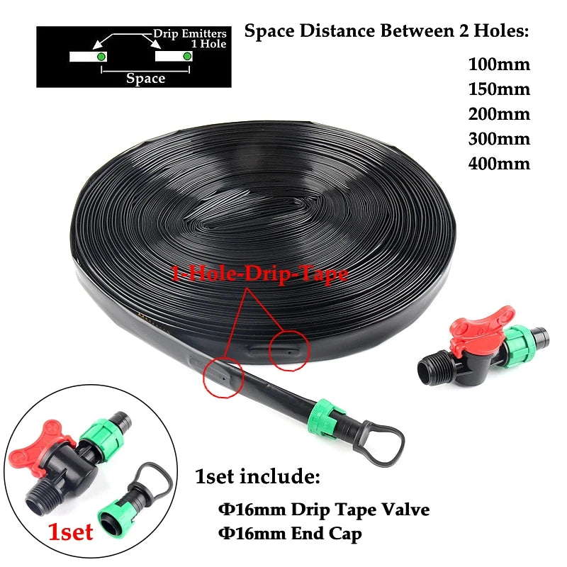 20/50/100M 16mm Micro Irrigation Drip Tape 1-hole Greenhouse Garden Flower Pots Watering Soaker Hose With Pipe Connector