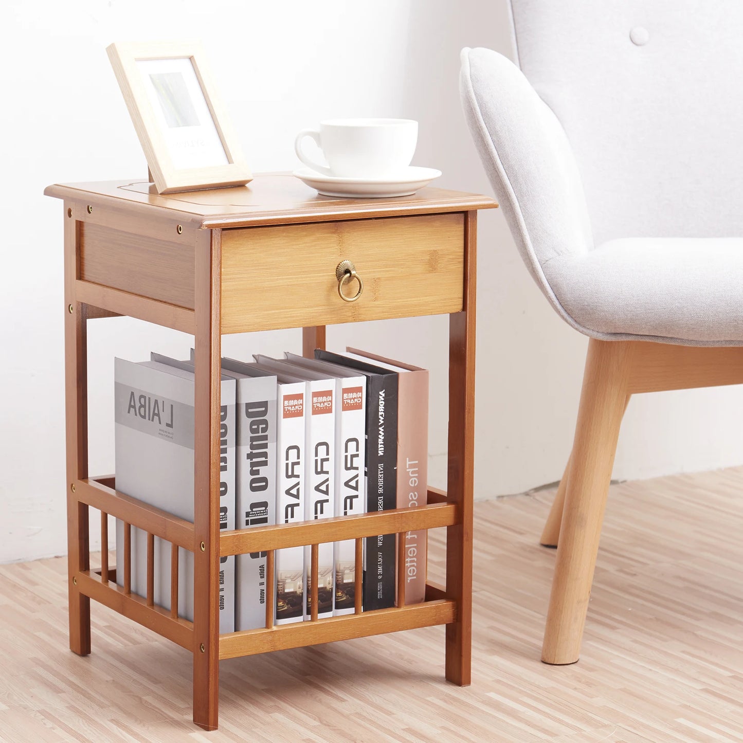 Table de chevet en bambou avec tiroir, table de nuit, étagère de rangement pour plantes