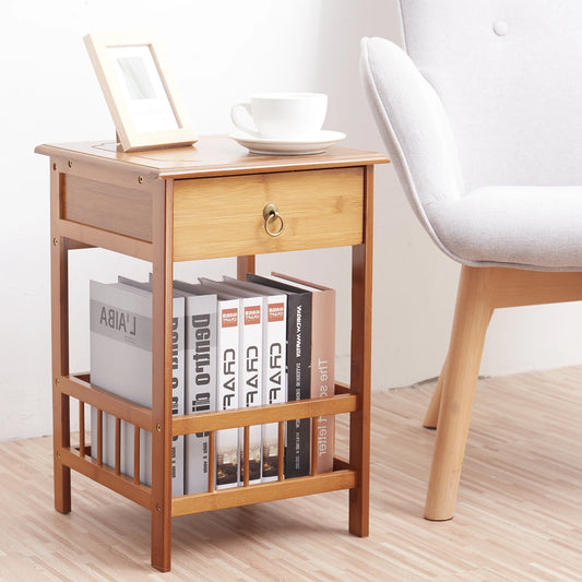 Bamboo Bedside Table with Drawer Bedroom Nightstand Plant Storage Shelving Unit