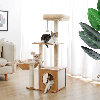 Casa de árbol para gatos de lujo, torre con gabinete, árbol para gatos de madera maciza, juguete para postes, condominio para gatos de varios niveles, rascador gato, árbol para chatear